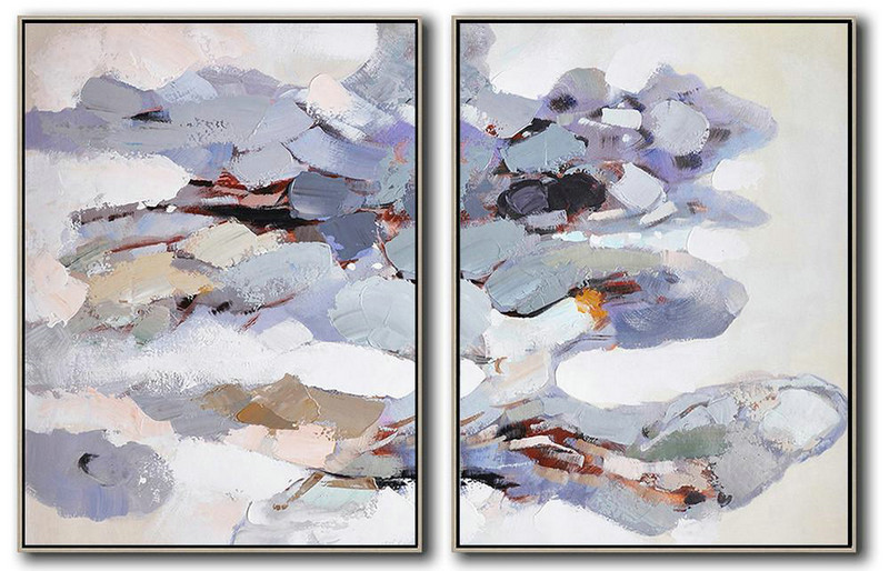 Set Of 2 Abstract Painting On Canvas,Artwork For Sale,Pink,Gray,Purple,White